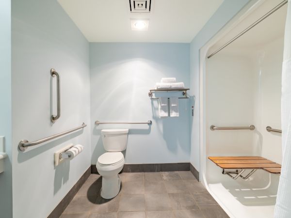 A bright, accessible bathroom with a toilet, grab bars, a wall-mounted sink, a roll-in shower with a fold-down seat, and a windowed doorway.